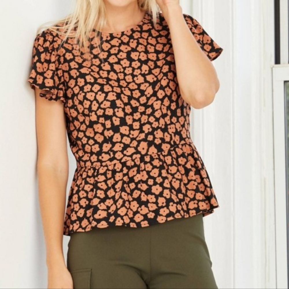 Who What Wear Linen Blend Brown Floral Blouse Size Large